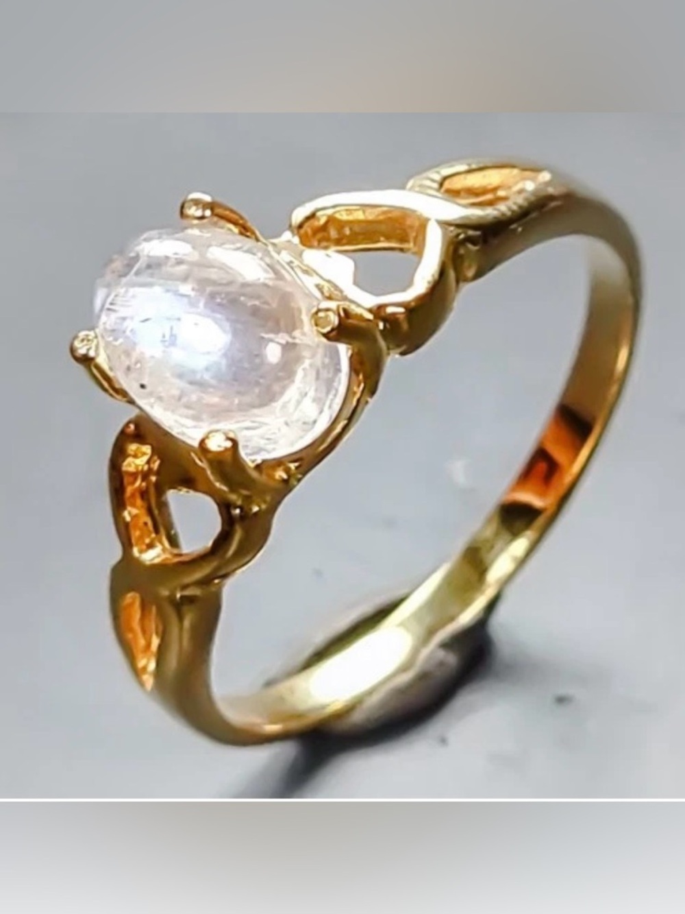14K Yellow Gold overlay 925 Sterling Silver natural Moonstone Art Deco Ring 5